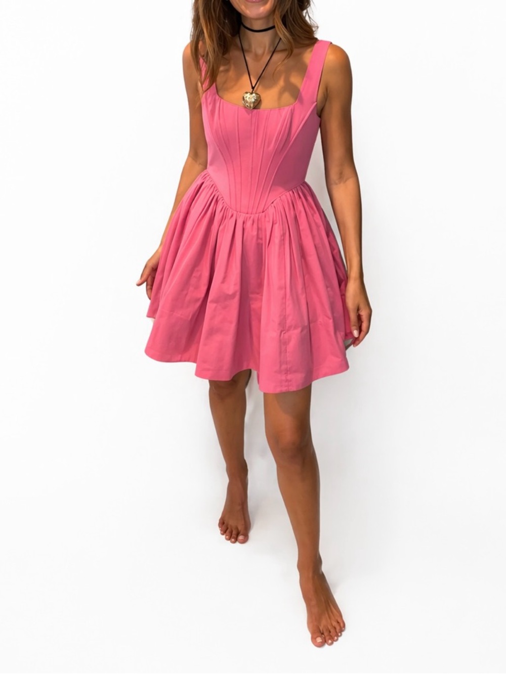 Staud Corset Minidress  Pink Square-Neck Fit & Flare Dress - Picture 4 of 4